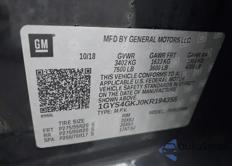 2019 Cadillac Escalade Esv Standard z USA, uszkodzony, nr VIN 1GYS4GKJ0KR194355